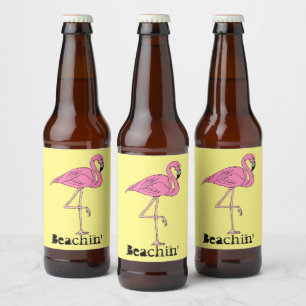 Fun Retro Beach Sunny Beachin' pink flamingo Beer Bottle Label