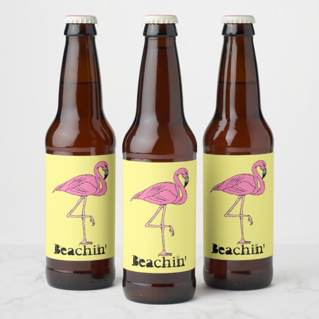 Fun Retro Beach Sunny Beachin' pink flamingo Beer Bottle Label (Bottles)