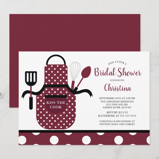 Fun Retro Burgundy Kitchen Bridal Shower Invitation (Front/Back)
