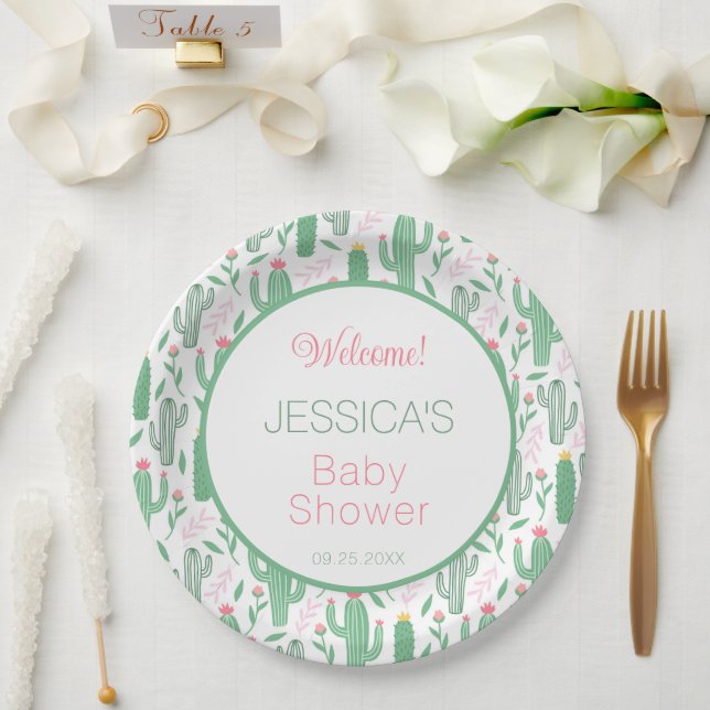 Fun Retro Cactus Succulent Floral Baby Shower Paper Plate (Wedding)
