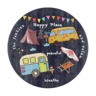 Fun retro camping cutting board. Editable wording Board