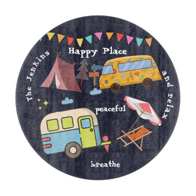 Fun retro camping cutting board. Editable wording Cutting Board (Front)