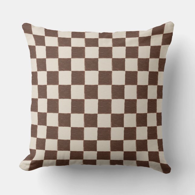 Fun Retro Checkerboard Pattern Brown Cream  Cushion (Front)