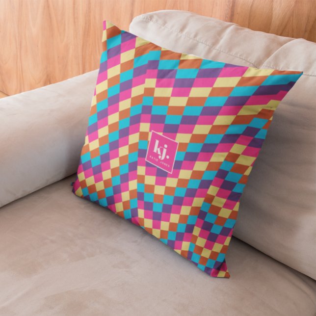 Fun Retro Checks | Stylish Monogram Cushion (Creator Uploaded)