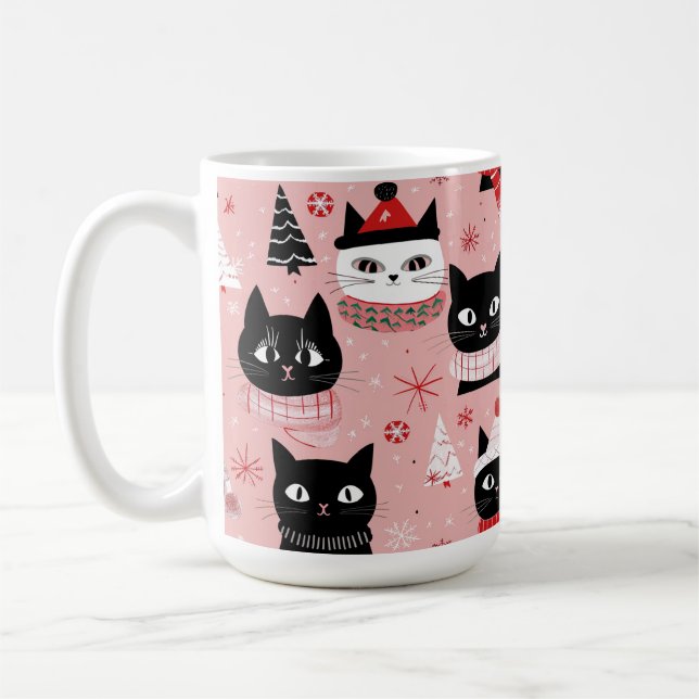 Fun Retro Christmas Cats on Pink Mug (Left)