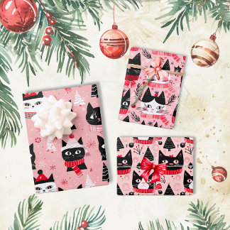 Fun Retro Christmas Cats on Pink Wrapping Paper Sheet