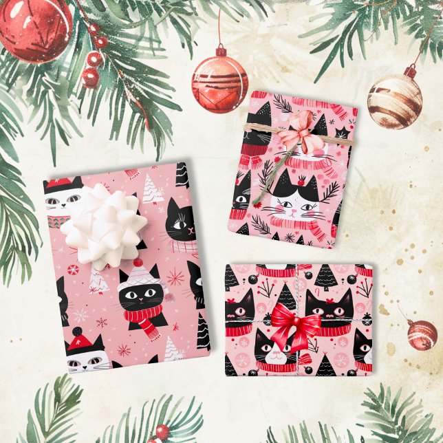 Fun Retro Christmas Cats on Pink Wrapping Paper Sheet (Fun Retro Christmas Cats on Pink wrapping paper sheets)