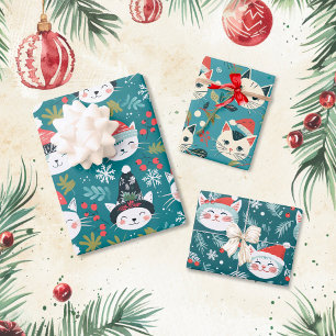 Fun Retro Christmas Cats Wrapping Paper Sheet