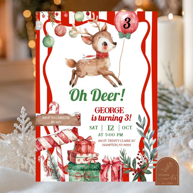 Fun Retro Christmas Deer Birthday Invitation (Creator Uploaded)