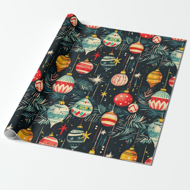 Fun Retro Christmas Tree Ornaments Wrapping Paper (Unrolled)