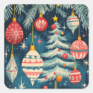 Fun Retro Christmas Trees Ornaments Square Sticker