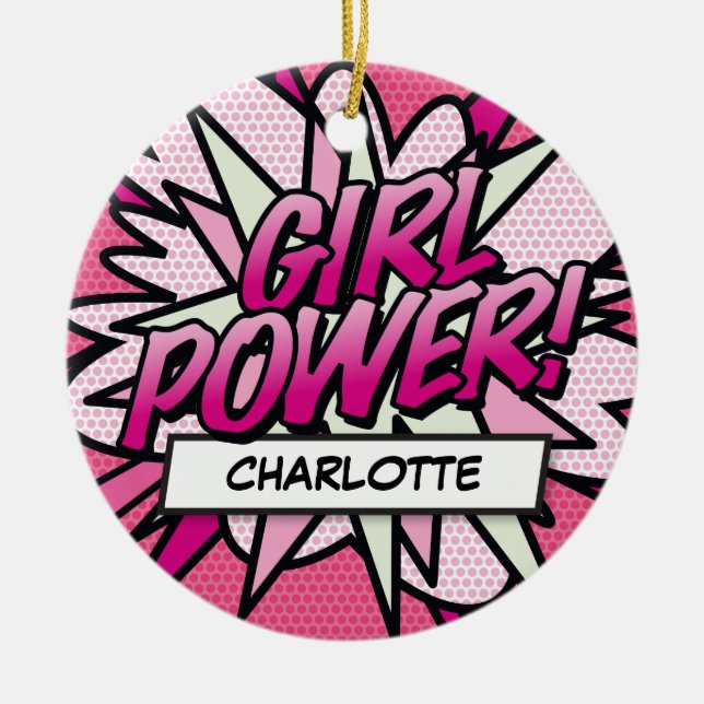 Fun Retro Comic Book GIRL POWER Ceramic Tree Decoration (Front)