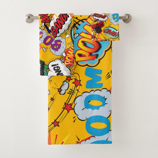 Fun Retro Comic Book Pop Art Explosions Bath Towel Set (Insitu)