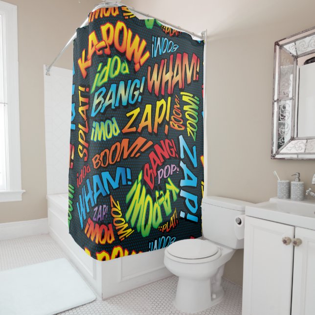Fun Retro Comic Book Pop Art Sounds Shower Curtain (In Situ)