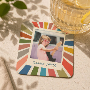 Fun Retro Custom Birthday Vintage Photo Square Paper Coaster