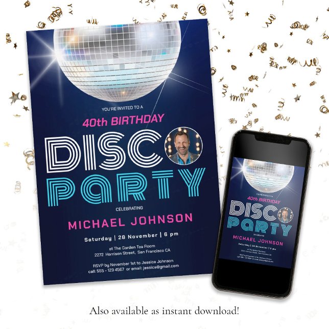 Fun Retro Custom Photo Disco Party 40th Birthday  Invitation (Fun 40th Birthday Disco Party Retro Custom Photo Invitation)