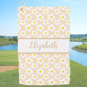 Fun retro daisies peach floral custom name ladies golf towel