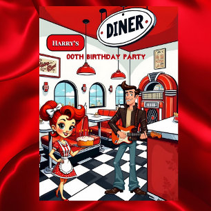 Fun Retro Diner Birthday Party Red White Rocker Invitation