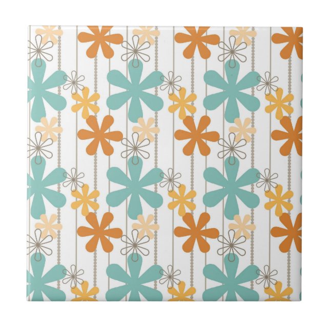 Fun Retro Floral Pattern Orange Blue Wall Flowers Tile (Front)