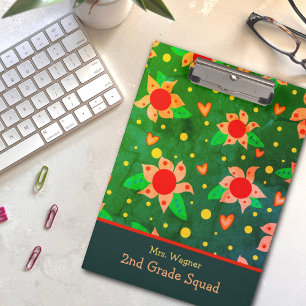 Fun Retro Flowers Green Personalised Teacher  Clipboard