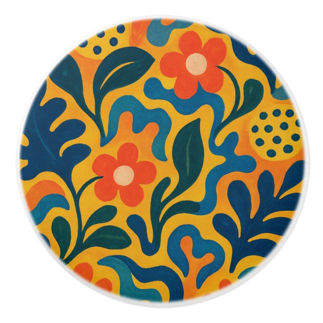 Fun Retro Garden Collage Pattern Motif Ceramic Knob (Front)