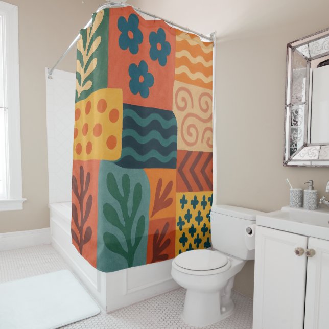 Fun Retro Garden Collage Pattern Motif Shower Curtain (In Situ)