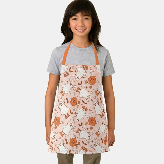 Fun Retro Ghost & Jack-O-Lantern Pattern Apron (Insitu)