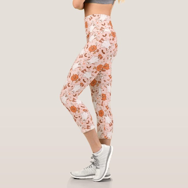Fun Retro Ghost & Jack-O-Lantern Pattern Capri Leggings (Left)