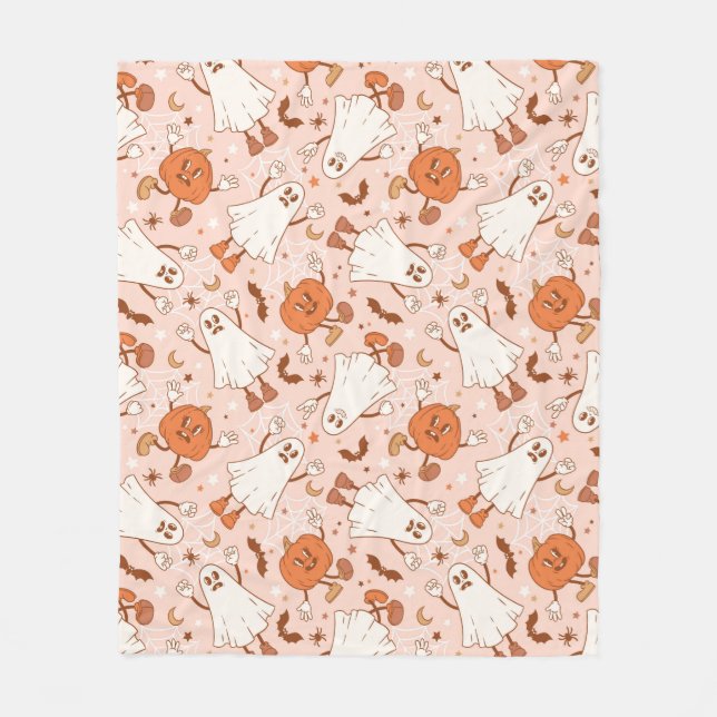 Fun Retro Ghost & Jack-O-Lantern Pattern Fleece Blanket (Front)