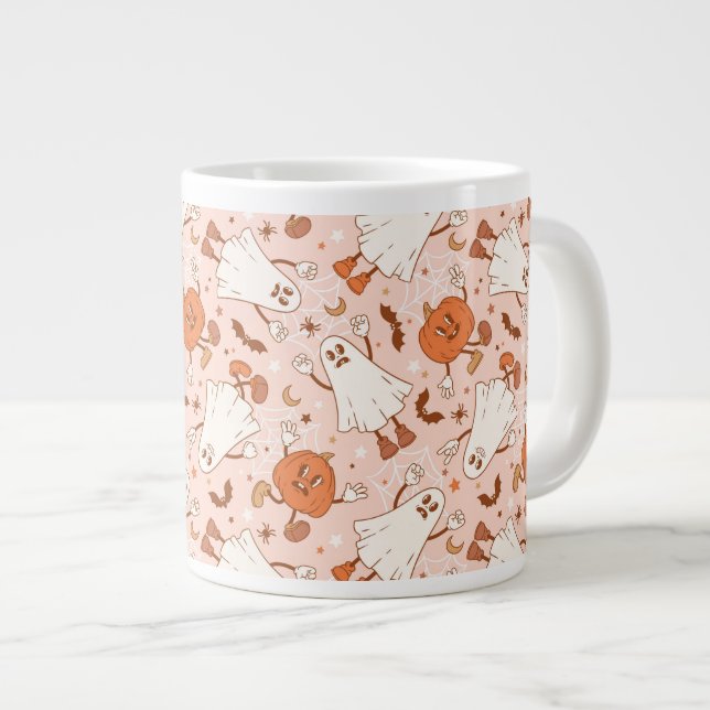 Fun Retro Ghost & Jack-O-Lantern Pattern Large Coffee Mug (Front Right)
