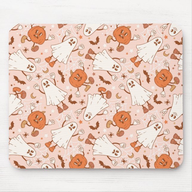 Fun Retro Ghost & Jack-O-Lantern Pattern Mouse Mat (Front)
