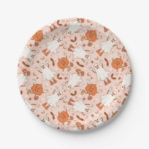 Fun Retro Ghost & Jack-O-Lantern Pattern Paper Plate