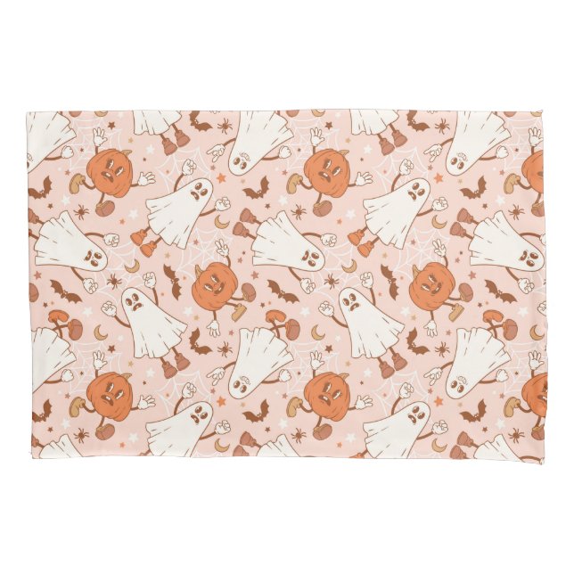 Fun Retro Ghost & Jack-O-Lantern Pattern Pillowcase (Front)