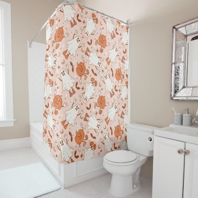 Fun Retro Ghost & Jack-O-Lantern Pattern Shower Curtain (In Situ)