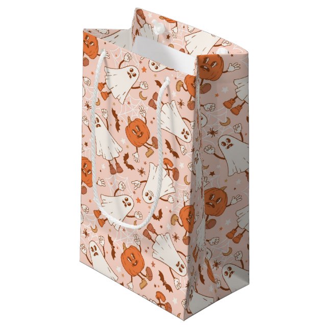 Fun Retro Ghost & Jack-O-Lantern Pattern Small Gift Bag (Front Angled)