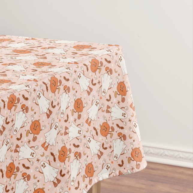 Fun Retro Ghost & Jack-O-Lantern Pattern Tablecloth (In Situ)