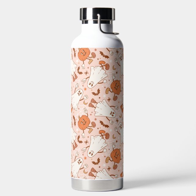 Fun Retro Ghost & Jack-O-Lantern Pattern Water Bottle (Left)