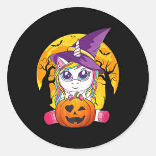 Fun Retro Halloween Gifts Cute Witchy Unicorn Girl Classic Round Sticker