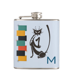 Fun Retro Kitty Monogram Mid Century Cat Hip Flask