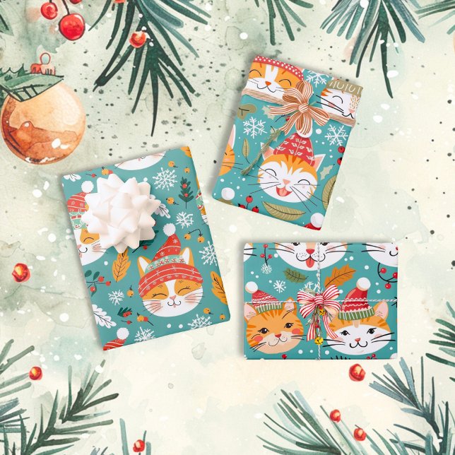 Fun Retro Orange Cats Christmas Wrapping Paper Sheet (Fun Retro Orange Christmas Cats wrapping paper sheets)
