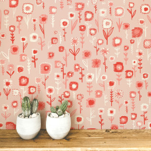 Fun Retro Pink Floral Pattern Wallpaper