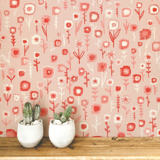 Fun Retro Pink Floral Pattern Wallpaper (Retro pink floral ditsy fun peel and stick wallpaper)