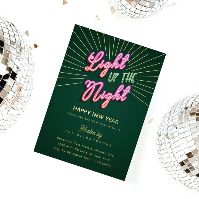 Fun Retro Pink Green Neon Happy New Year Party Foil Holiday Card (Creator Uploaded)