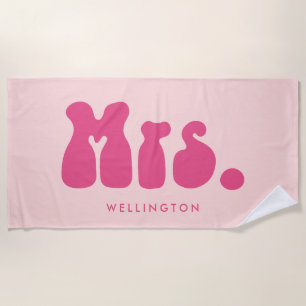 Fun Retro Pink Mrs. Newlywed Bride Beach Towel