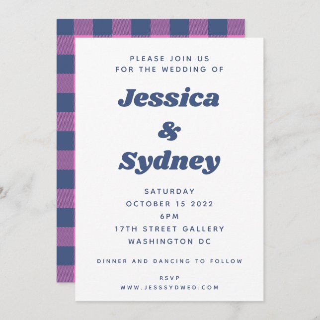 Fun Retro Plaid Chequered Purple and Blue Wedding Invitation (Front/Back)