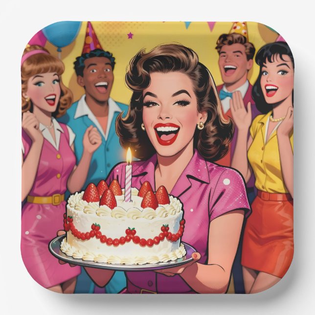 Fun Retro Pop Art Comic Mid-Century Birthday Paper Plate (Front)