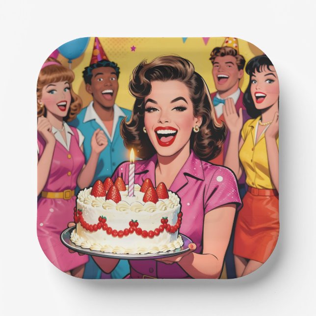 Fun Retro Pop Art Comic Mid-Century Birthday Paper Plate (Front)