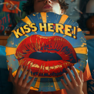 Fun Retro Pop Art 'Kiss Here!'  Round Cushion