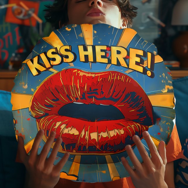 Fun Retro Pop Art 'Kiss Here!'  Round Cushion (Funny Comic Style Retro "Kiss Here" Pop-Art Round Pillow)