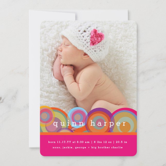 Fun Retro Rainbow Circles Baby Girl Photo Birth Holiday Card (Front)